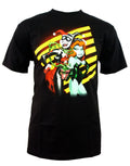 Harley Quinn & Poison Ivy villains graphic on a black adult t-shirt.