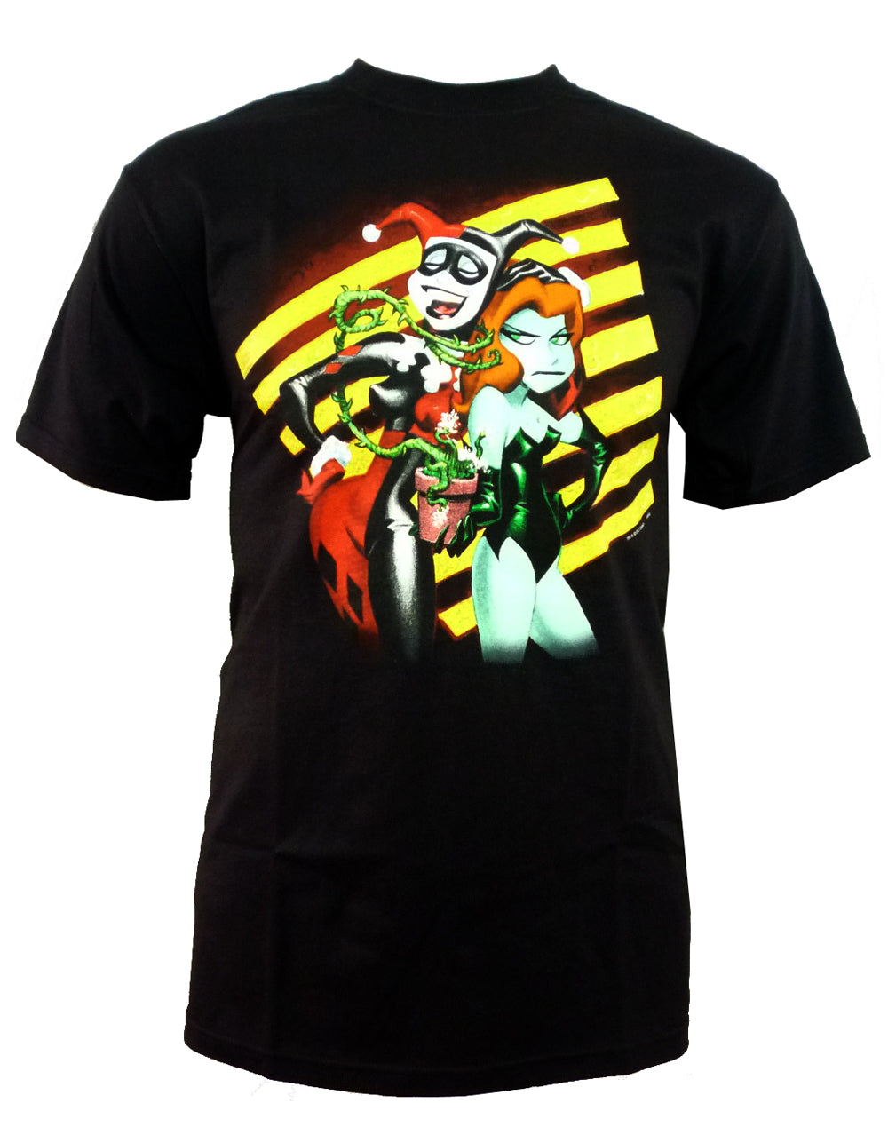 Harley Quinn & Poison Ivy villains graphic on a black adult t-shirt.