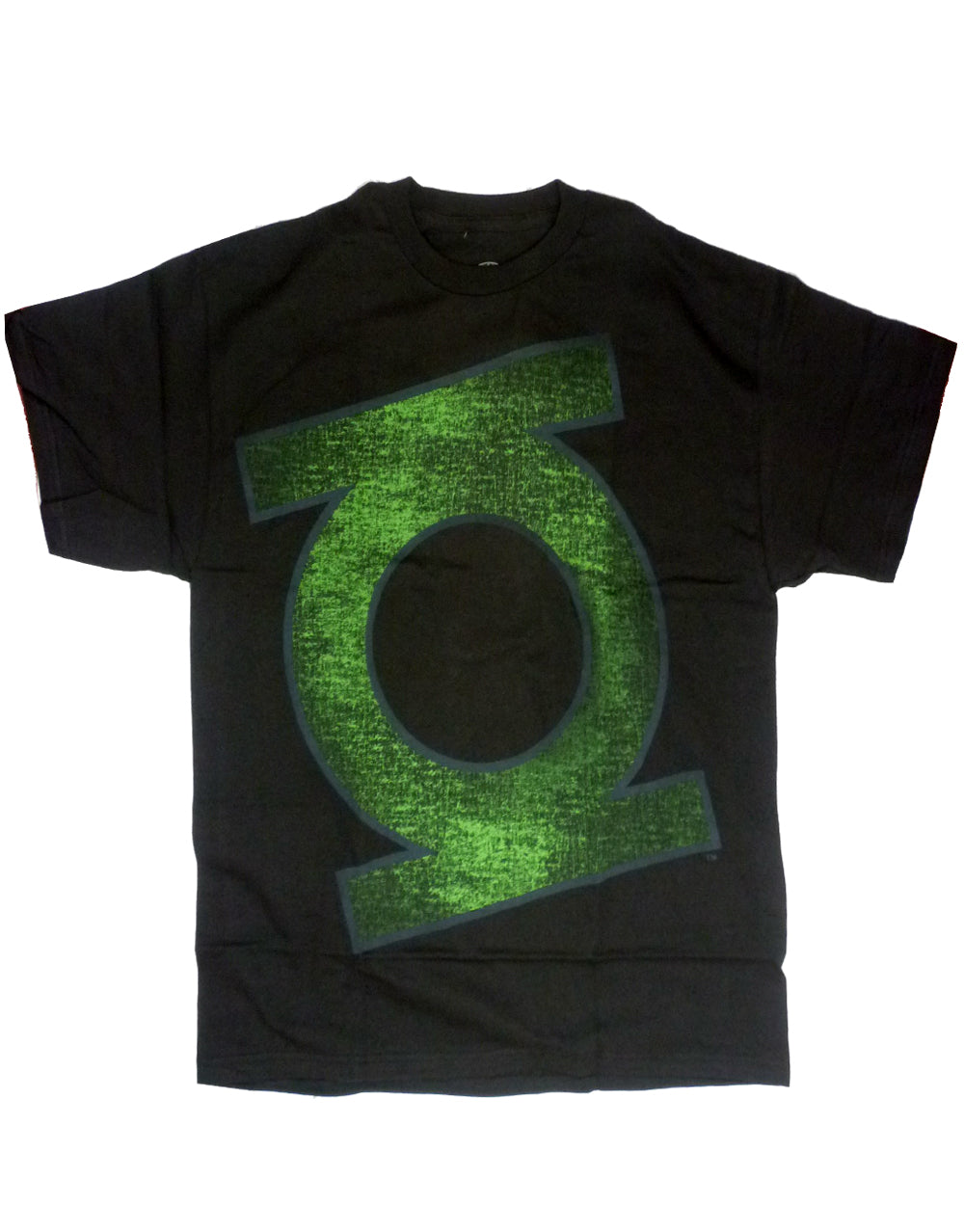 Green Lantern symbol slanted graphic on a black adult t-shirt.