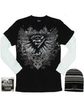 Superman top and beanie combo graphic on a black and white adult long sleeve top.