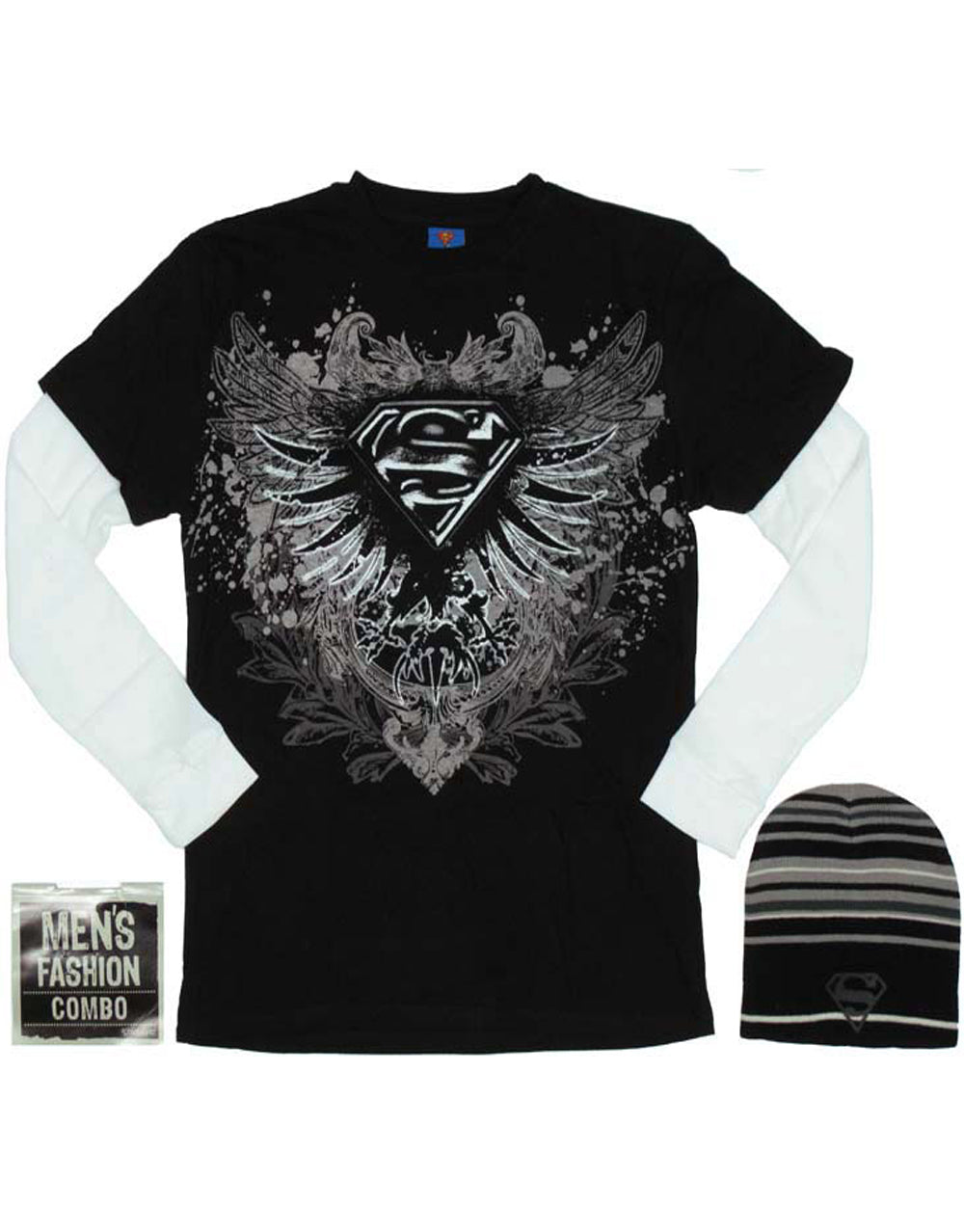 Superman top and beanie combo graphic on a black and white adult long sleeve top.