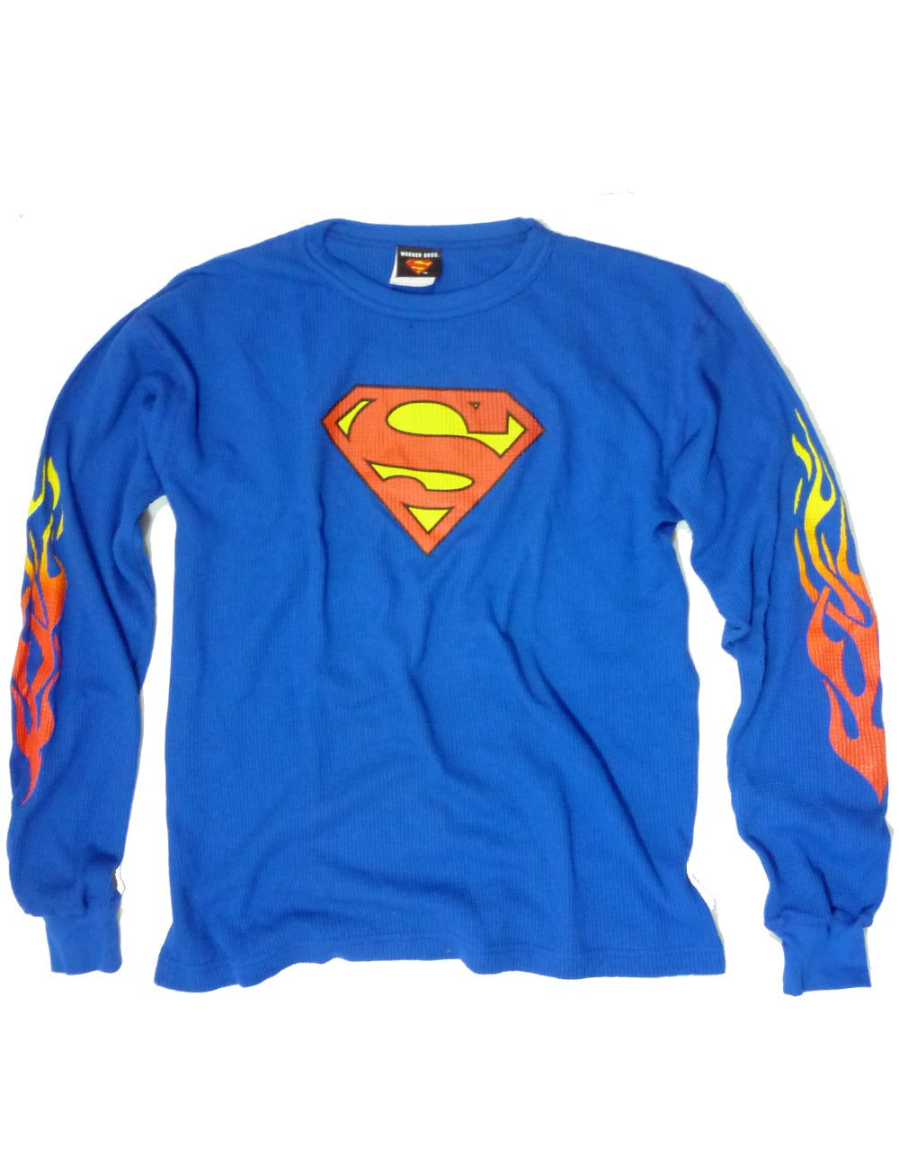 Superman shield thermal graphic on a blue adult long sleeve top.