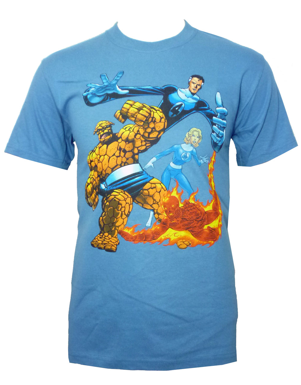 The Fantastic Four group graphic on a blue adult t-shirt.