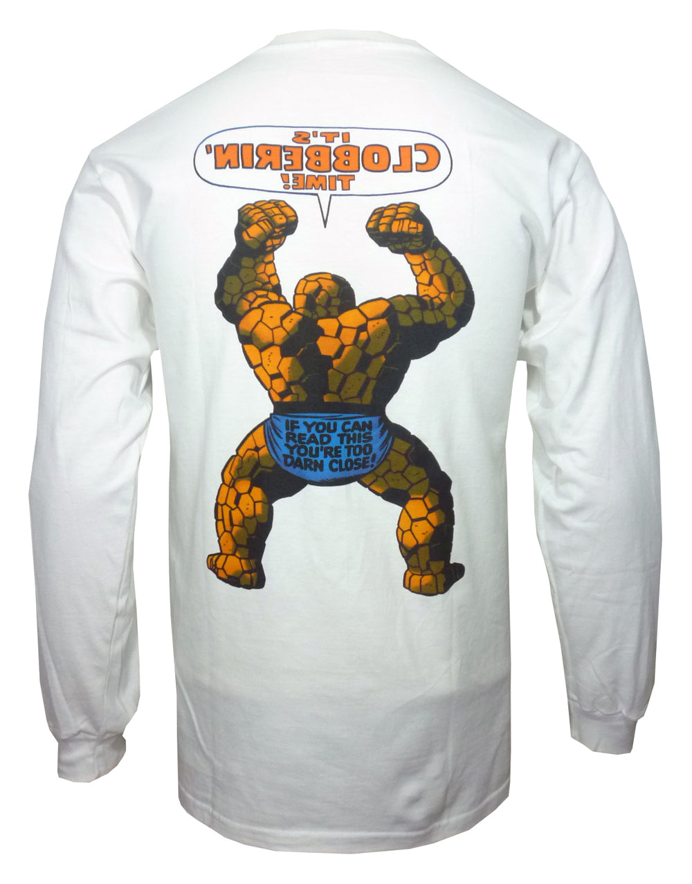 The Fantastic Four Thing clobberin time graphic on a white adult long sleeve top.