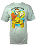 The Fantastic Four faces graphic on a grey adult t-shirt.
