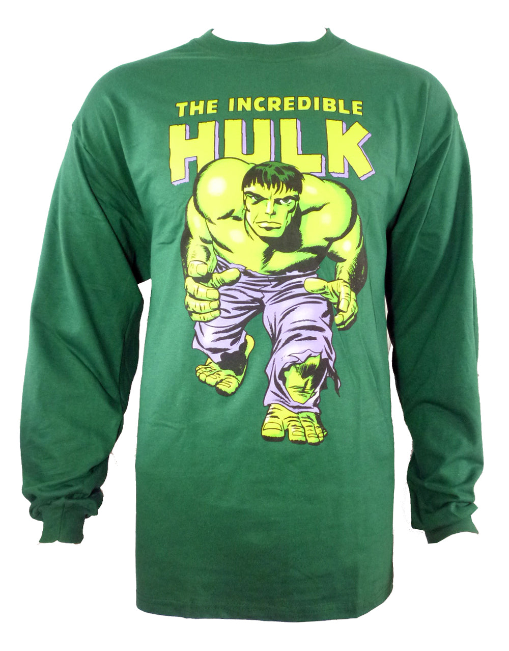 Hulk at you graphic on a green adult long sleeve top.