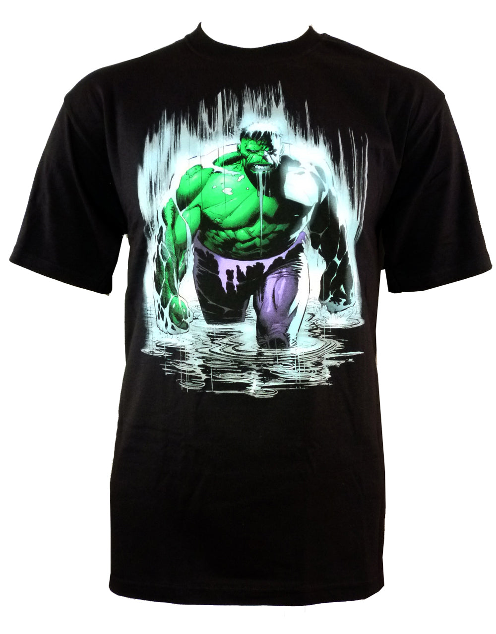 Hulk rain wading graphic on a black adult t-shirt.