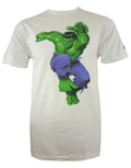 Hulk incredible leap graphic on a white adult t-shirt.
