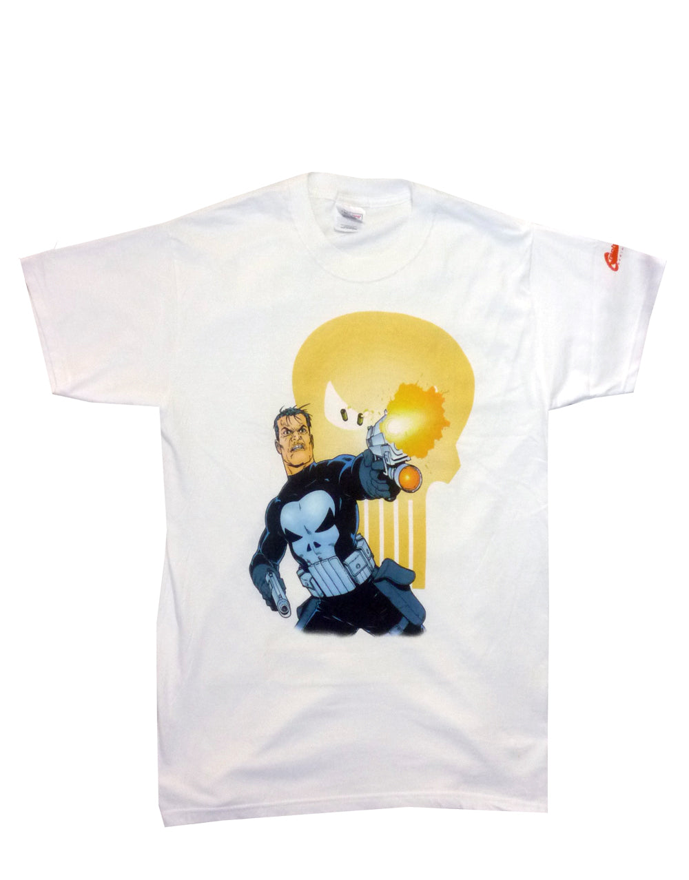 The Punisher shootout graphic on a white adult t-shirt.