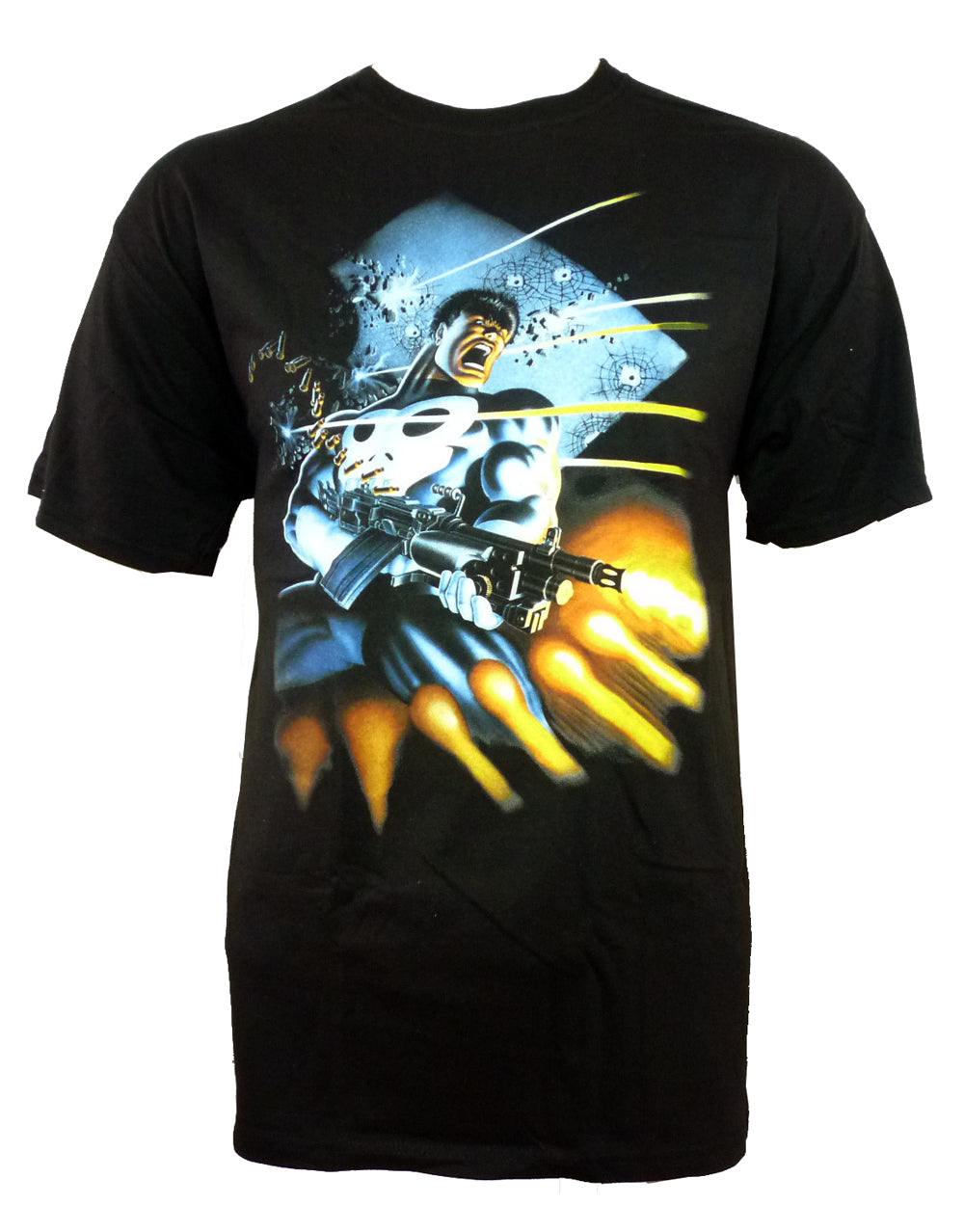 The Punisher firing graphic on a black adult t-shirt.
