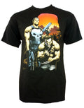 The Punisher & Wolverine sunset graphic on a black adult t-shirt.