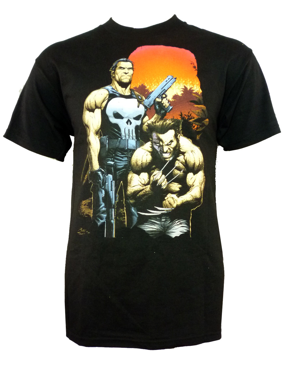The Punisher & Wolverine sunset graphic on a black adult t-shirt.