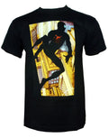 Spider-Man city black costume graphic on a black adult t-shirt.