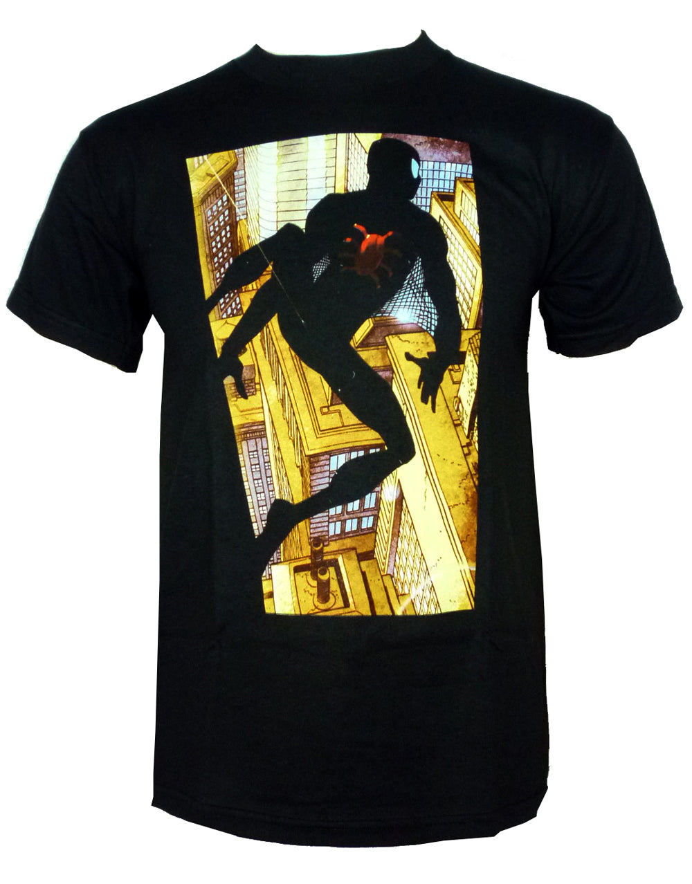 Spider-Man city black costume graphic on a black adult t-shirt.