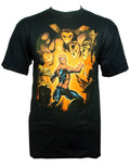 Spider-Man enemies graphic on a black adult t-shirt.
