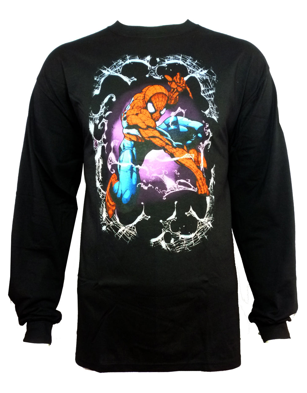 Spider-Man web window graphic on a black adult long sleeve top.