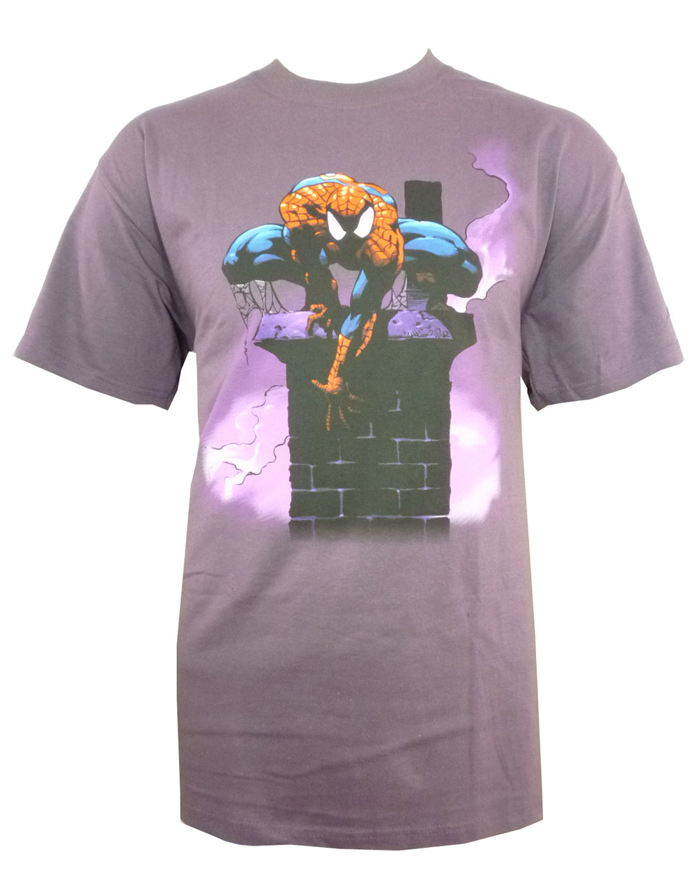 Spider-Man chimney graphic on a purple adult t-shirt.