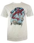 Spider-Man crooks web ball graphic on a white adult t-shirt.