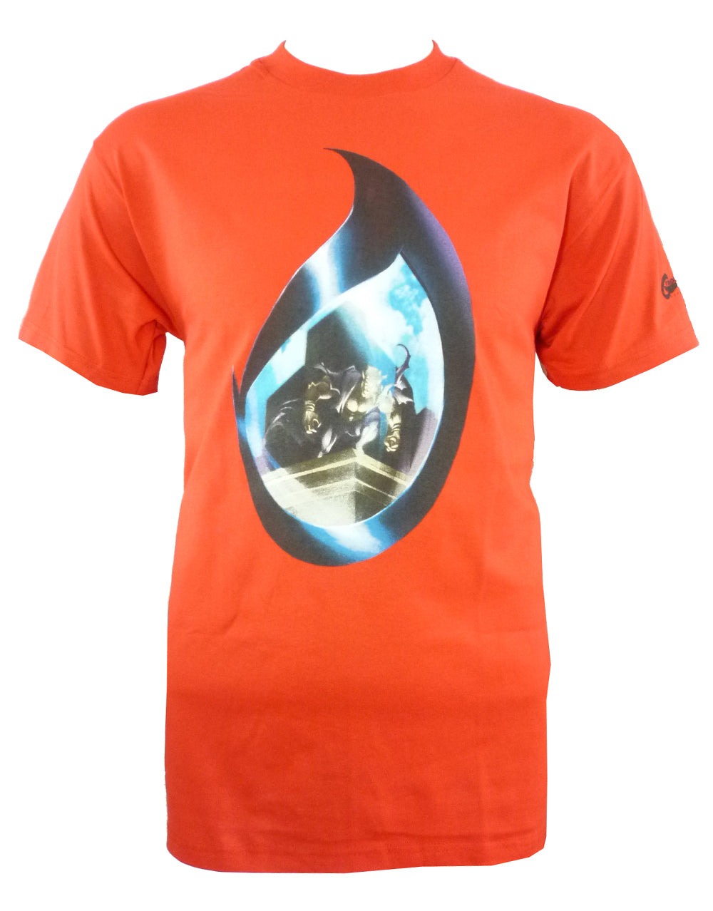 Spider-Man eye graphic on a red adult t-shirt.
