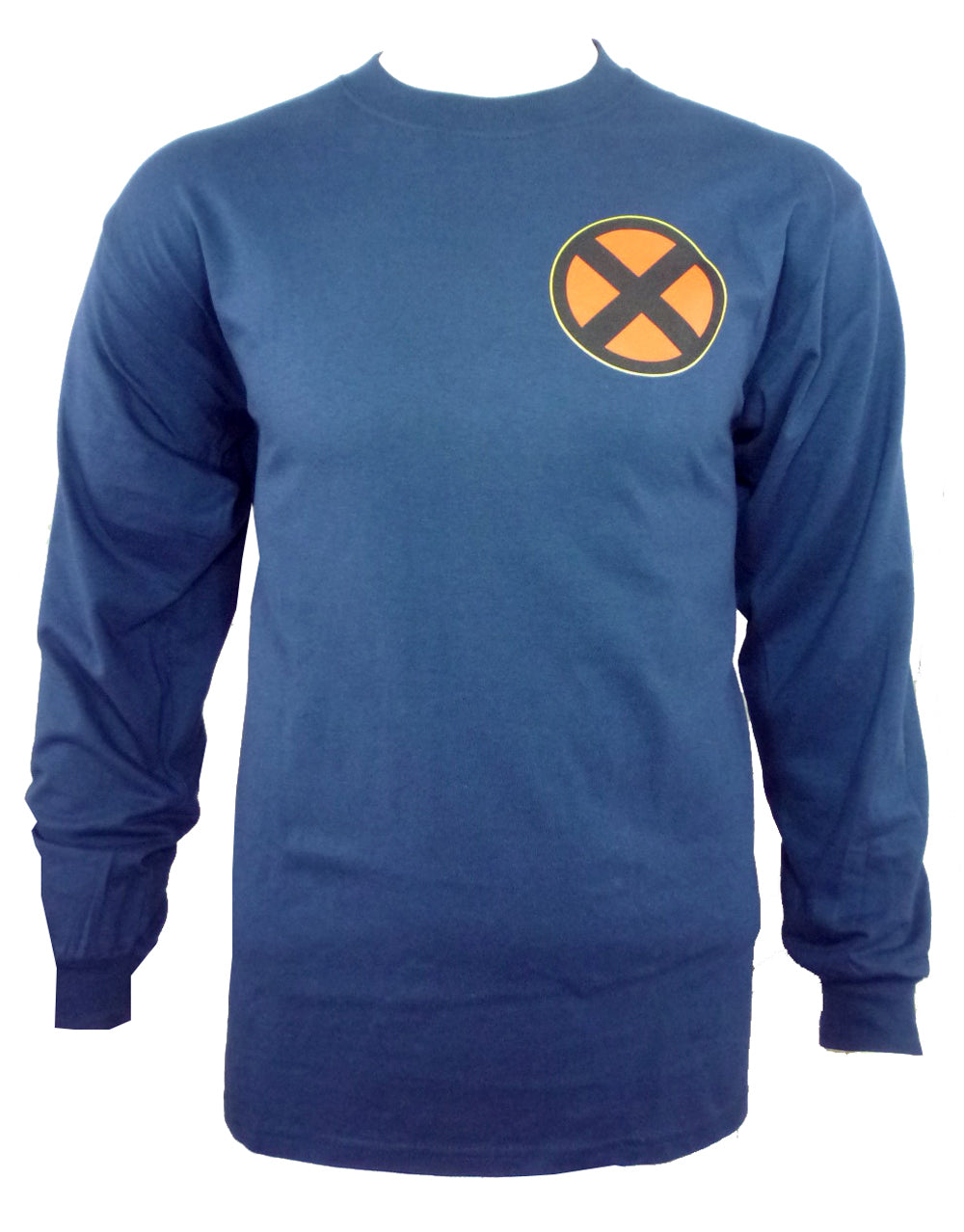 X-Men shield graphic on a black adult long sleeve top.