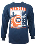 Captain America liberty graphic on a navy blue adult long sleeve top.
