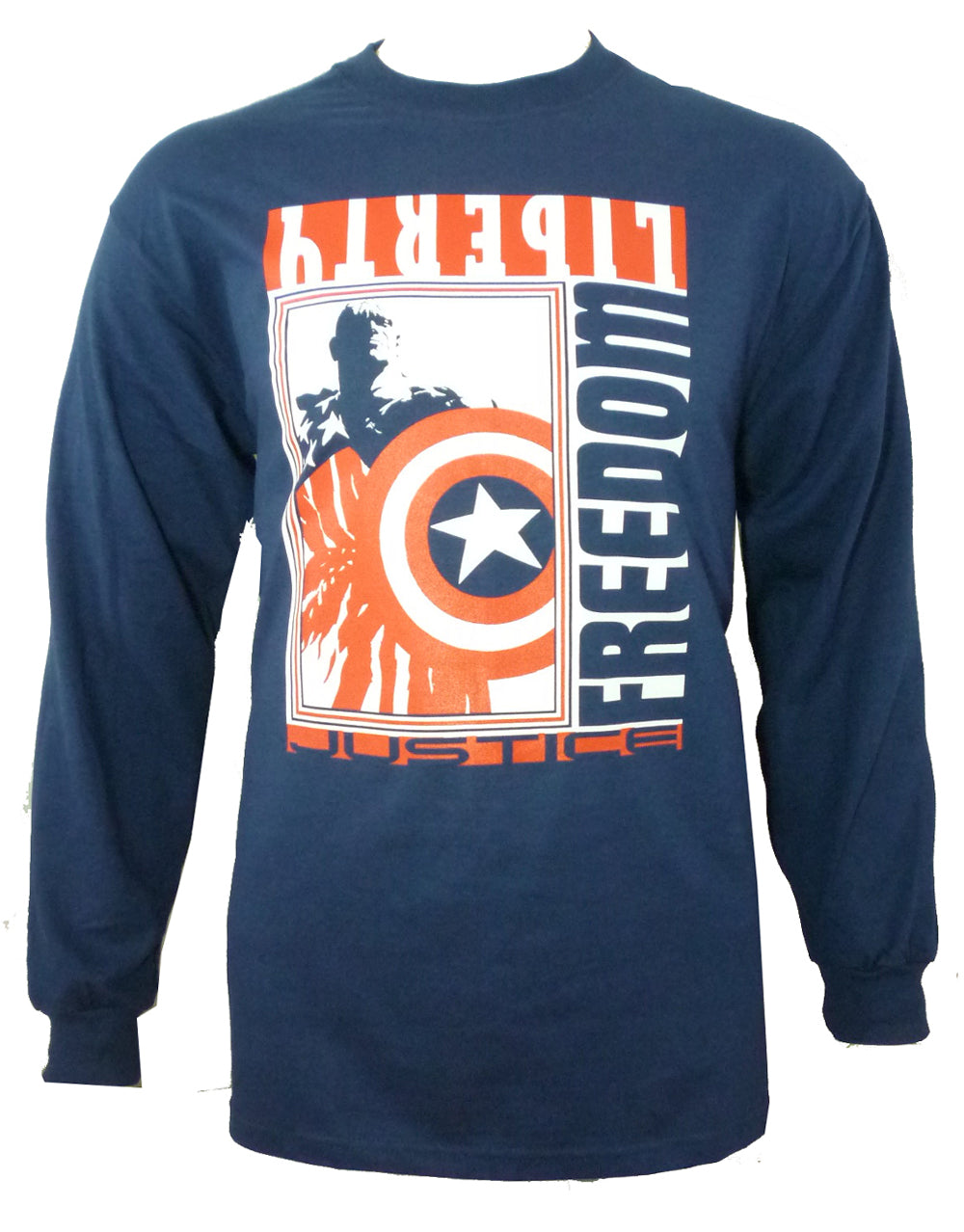 Captain America liberty graphic on a navy blue adult long sleeve top.