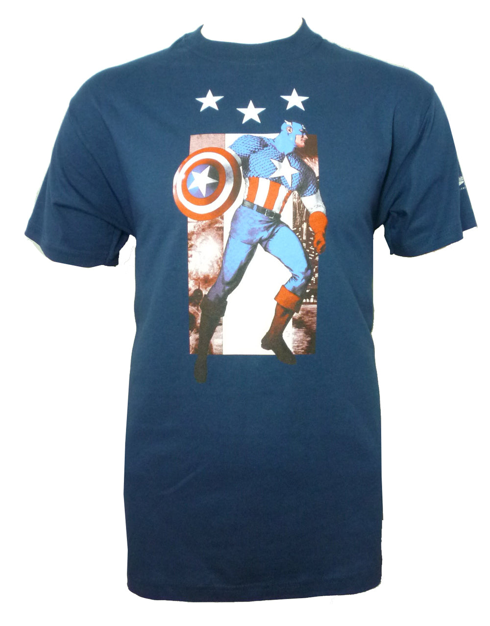 Captain America 3 star graphic on a navy blue adult t-shirt.