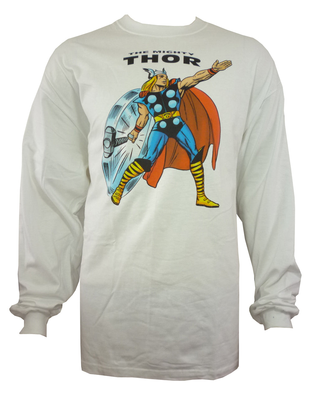 Thor stance graphic on a white adult long sleeve top.