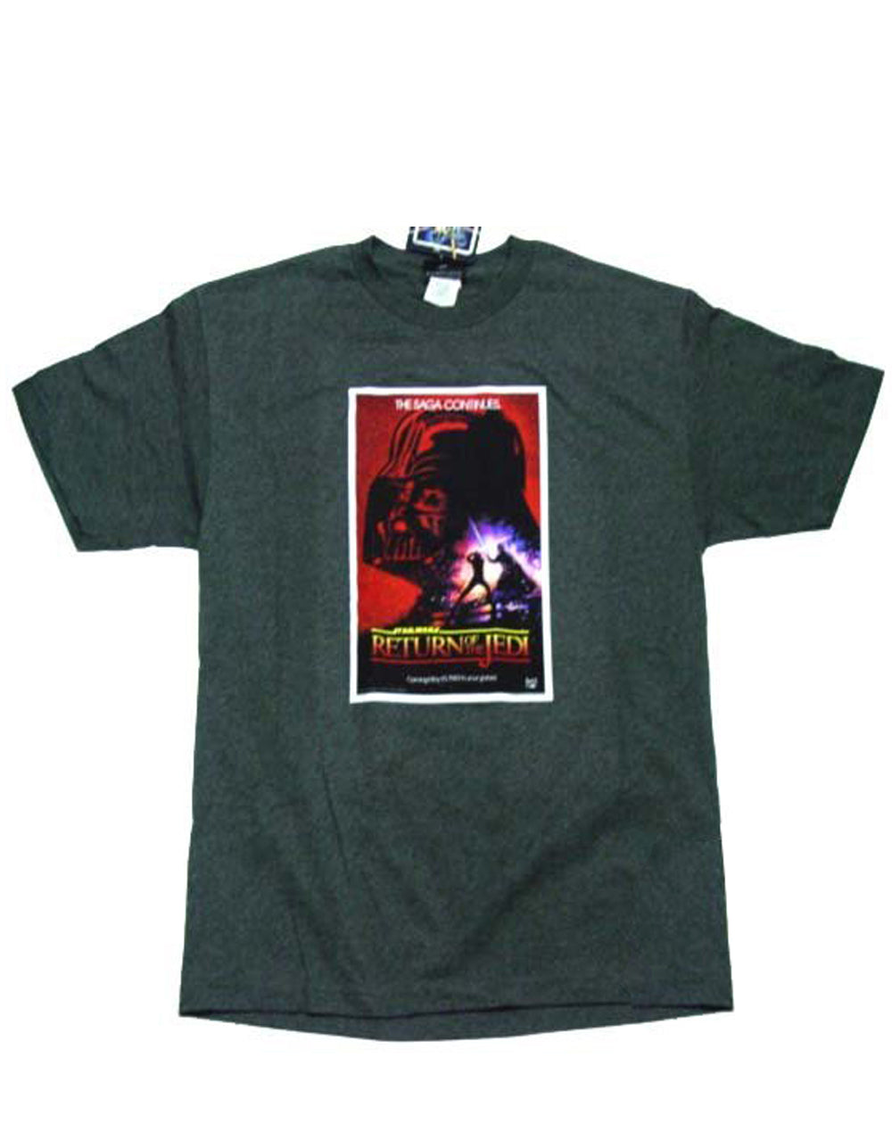 Star Wars Return of the Jedi poster graphic on a dark grey adult t-shirt.