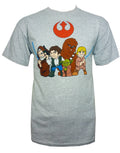 Star Wars cartoon heroes graphic on a grey adult t-shirt.