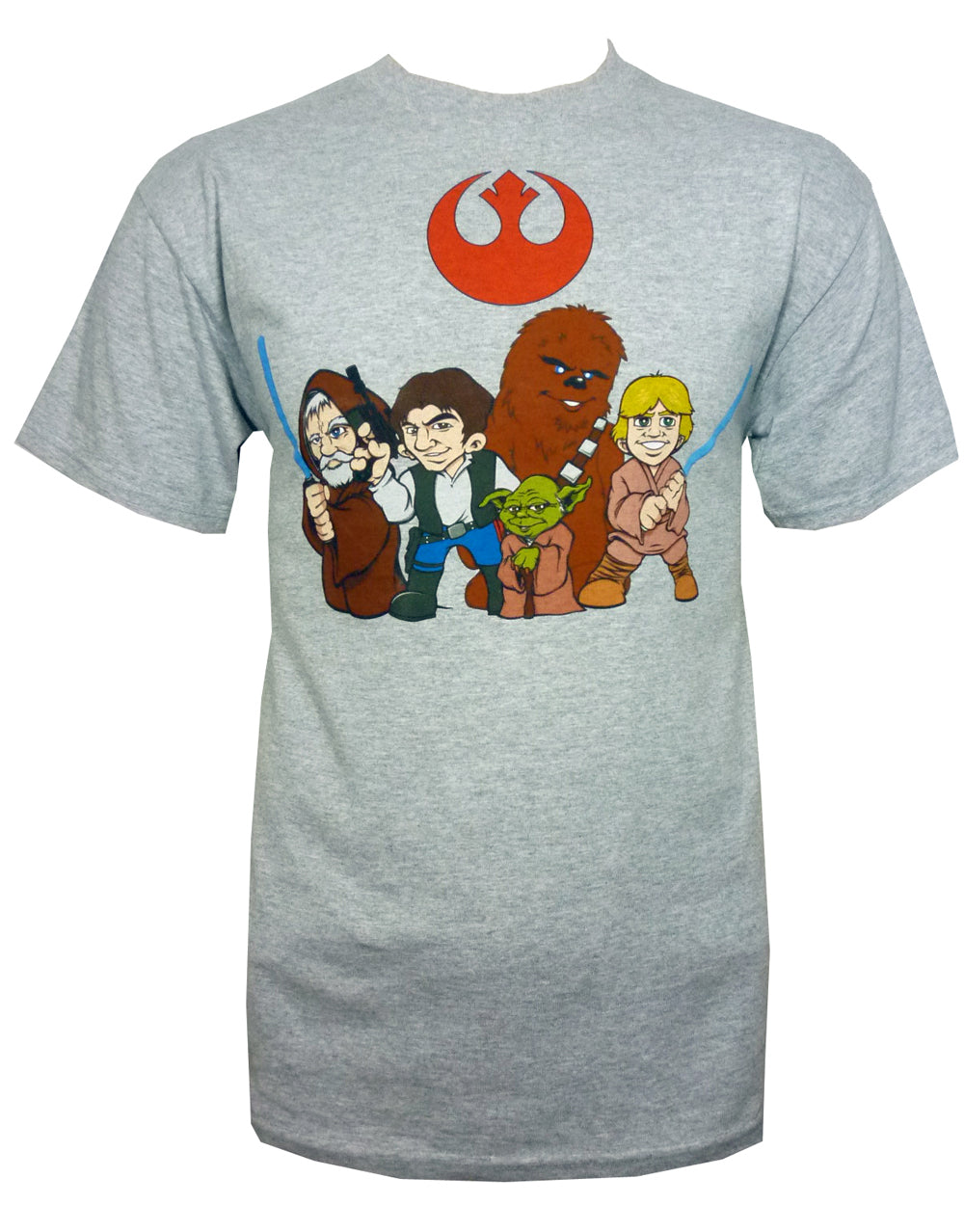 Star Wars cartoon heroes graphic on a grey adult t-shirt.