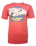 Star Wars Millennium Falcon graphic on a red adult t-shirt.