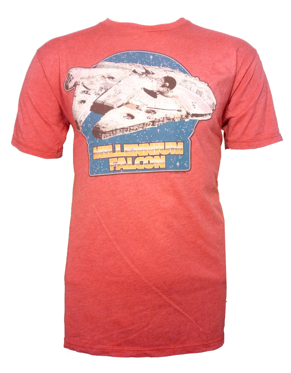 Star Wars Millennium Falcon graphic on a red adult t-shirt.