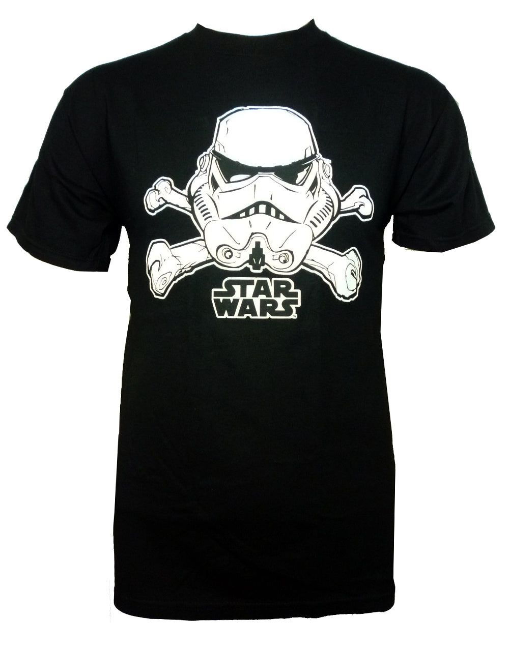 Star Wars Stormtrooper bones graphic on a black adult t-shirt.
