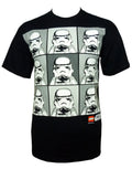 Star Wars Stormtrooper Lego boxes graphic on a black adult t-shirt.