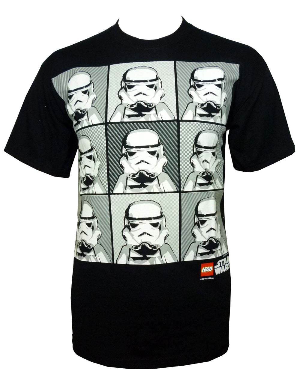Star Wars Stormtrooper Lego boxes graphic on a black adult t-shirt.