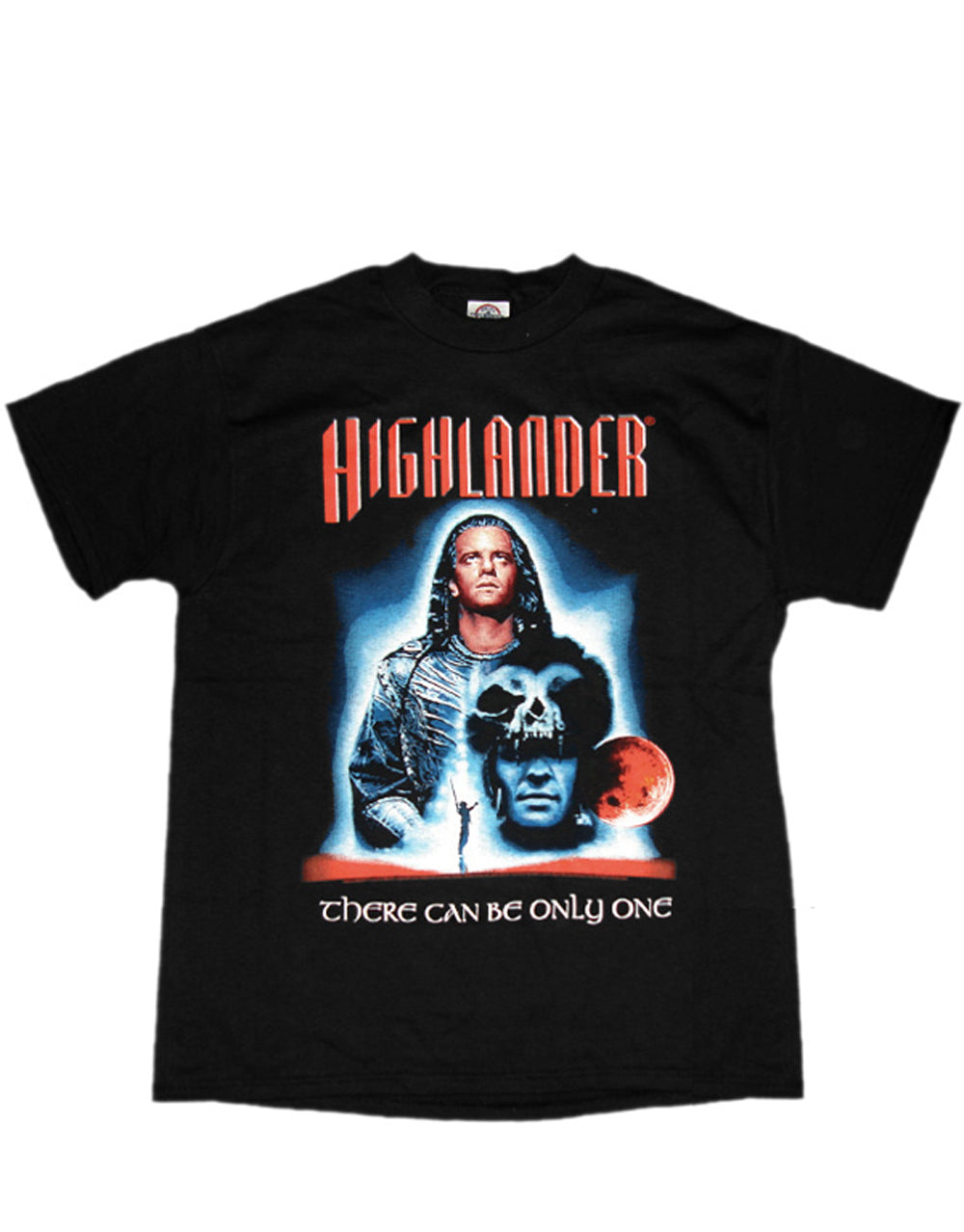 Highlander only one graphic on a black adult t-shirt.