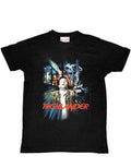 Highlander movie poster graphic on a black adult t-shirt.