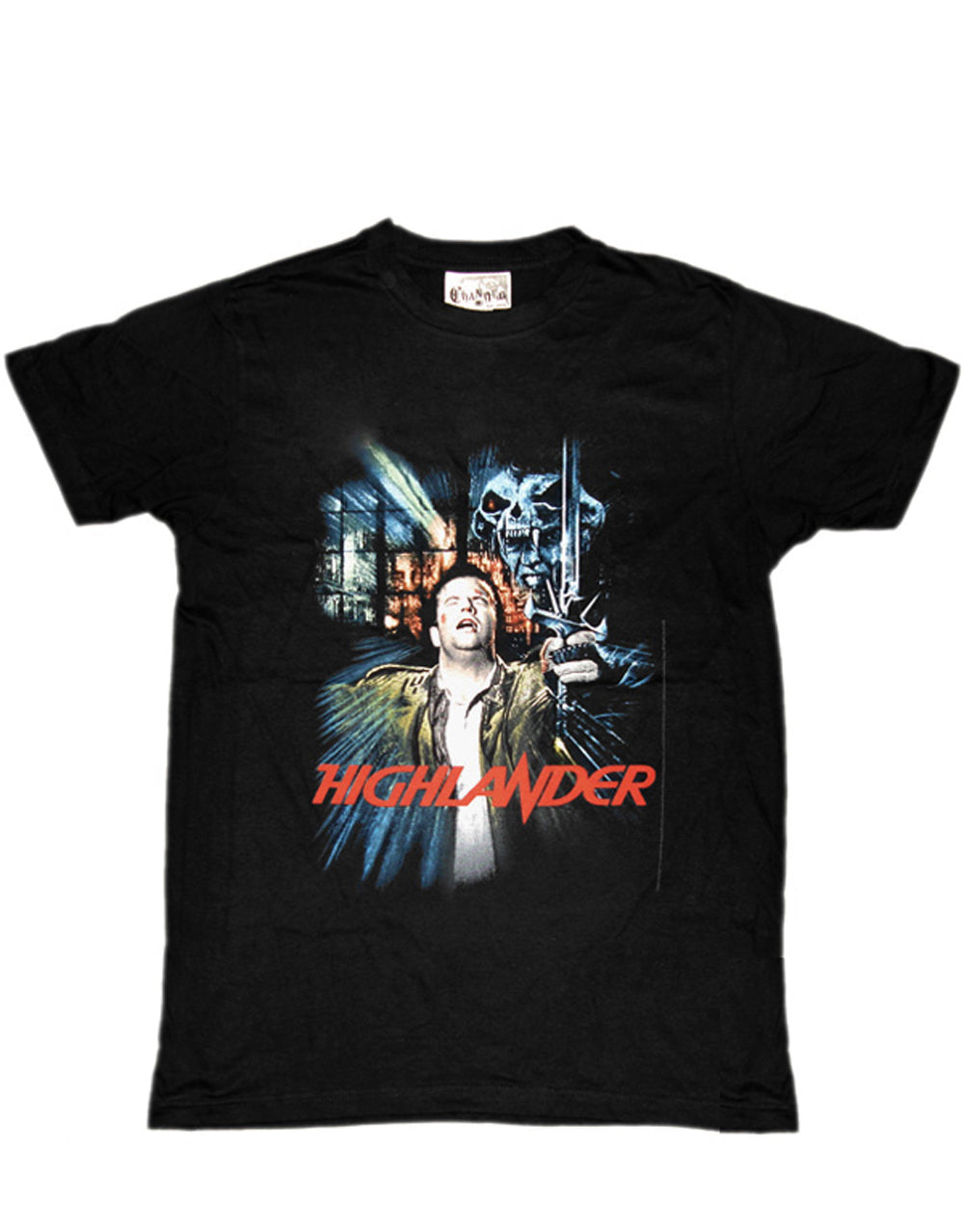 Highlander movie poster graphic on a black adult t-shirt.