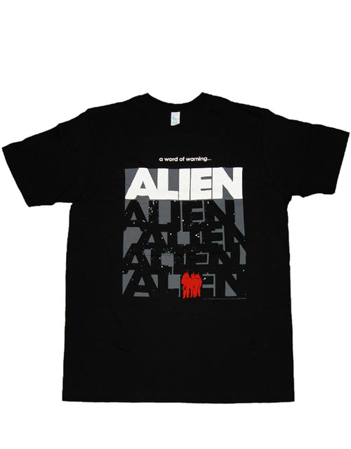 Alien space jockey warning graphic on a black adult t-shirt.