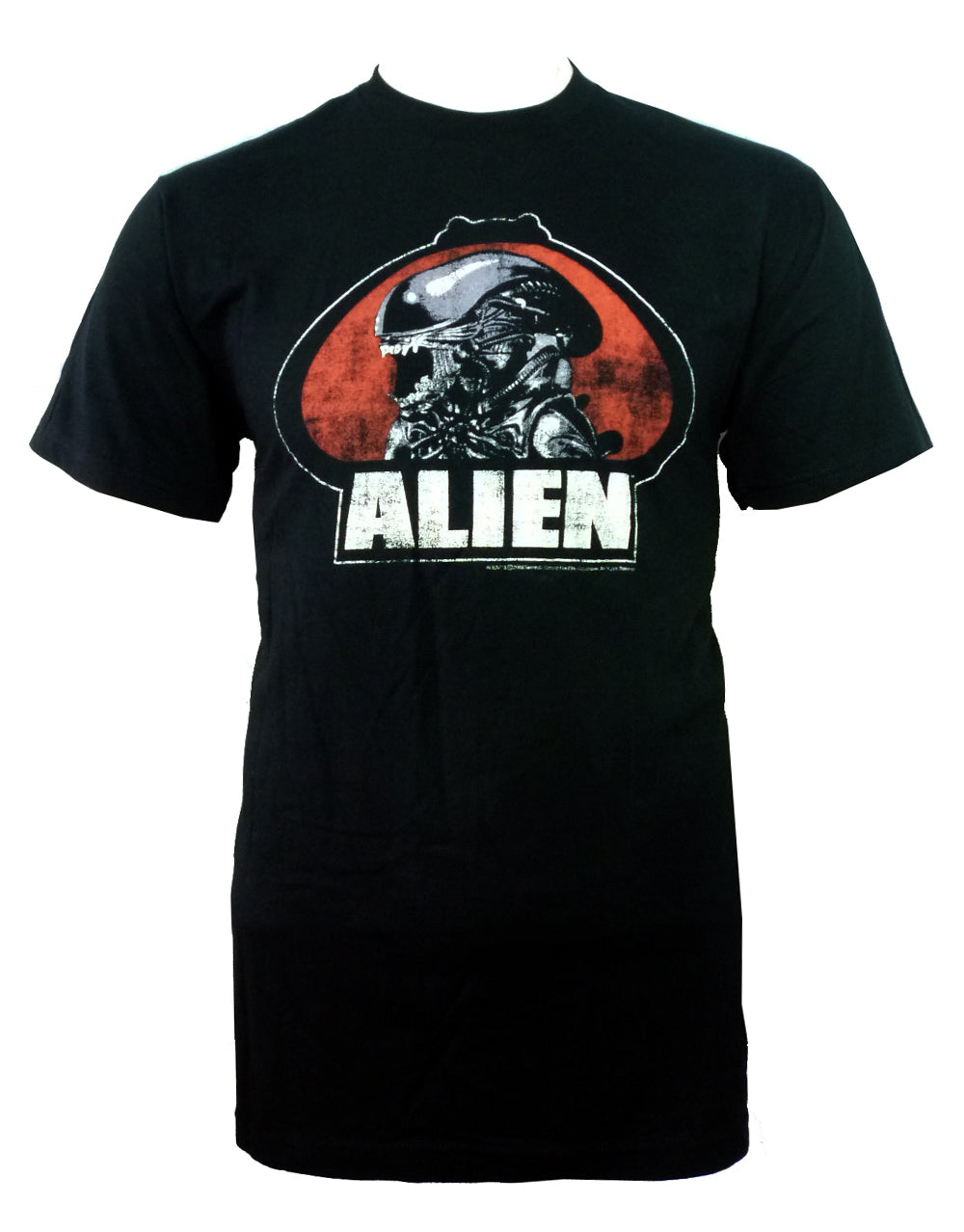 Alien oval logo graphic on a black adult t-shirt.