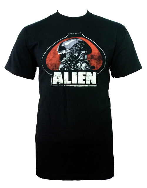 Alien oval logo graphic on a black adult t-shirt.