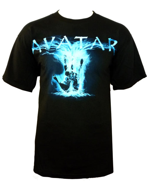 Avatar tree hand glow graphic on a black adult t-shirt.