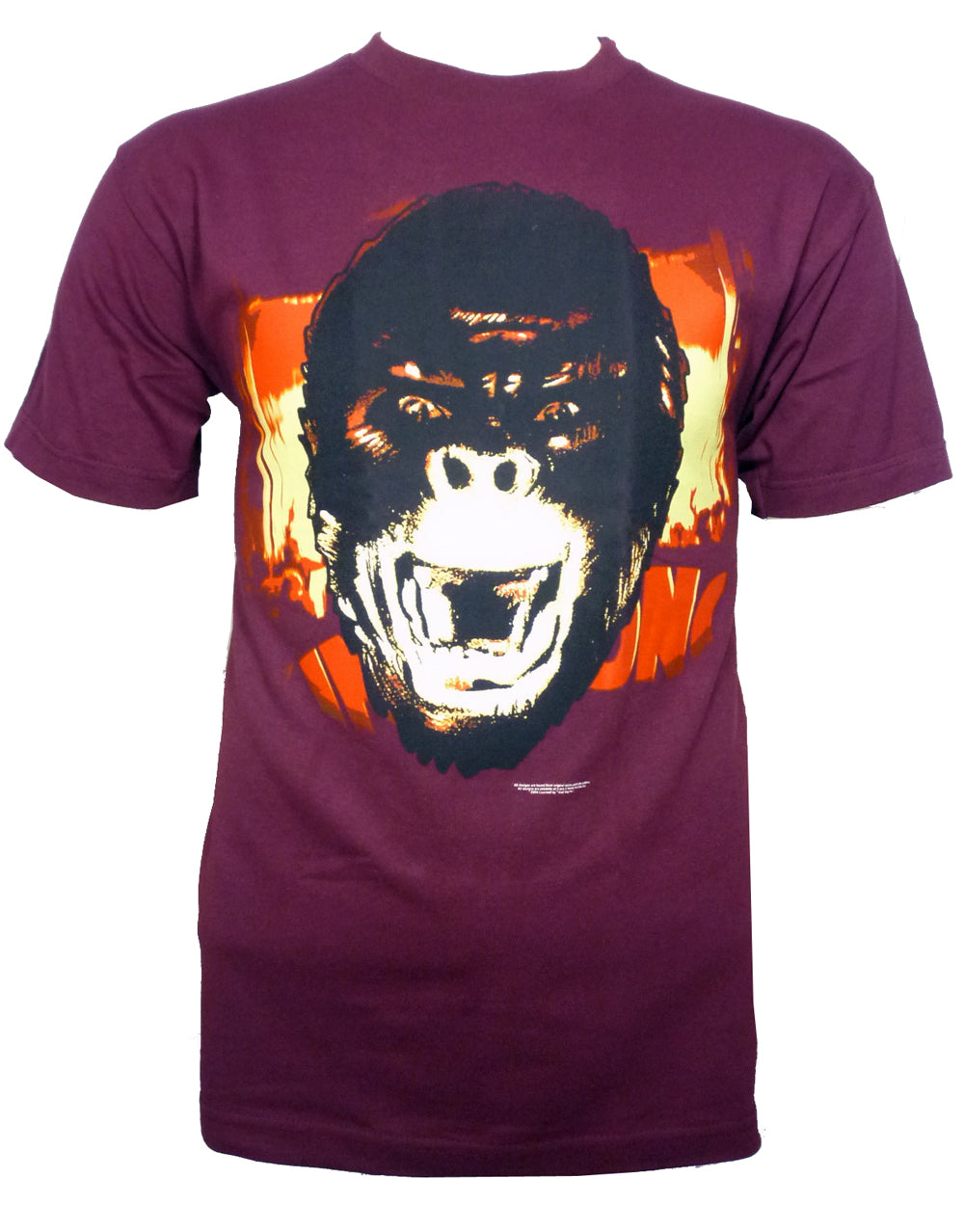 King Kong face graphic on a maroon adult t-shirt.