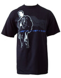 The Terminator T2 hasta la vista baby graphic on a black adult t-shirt.