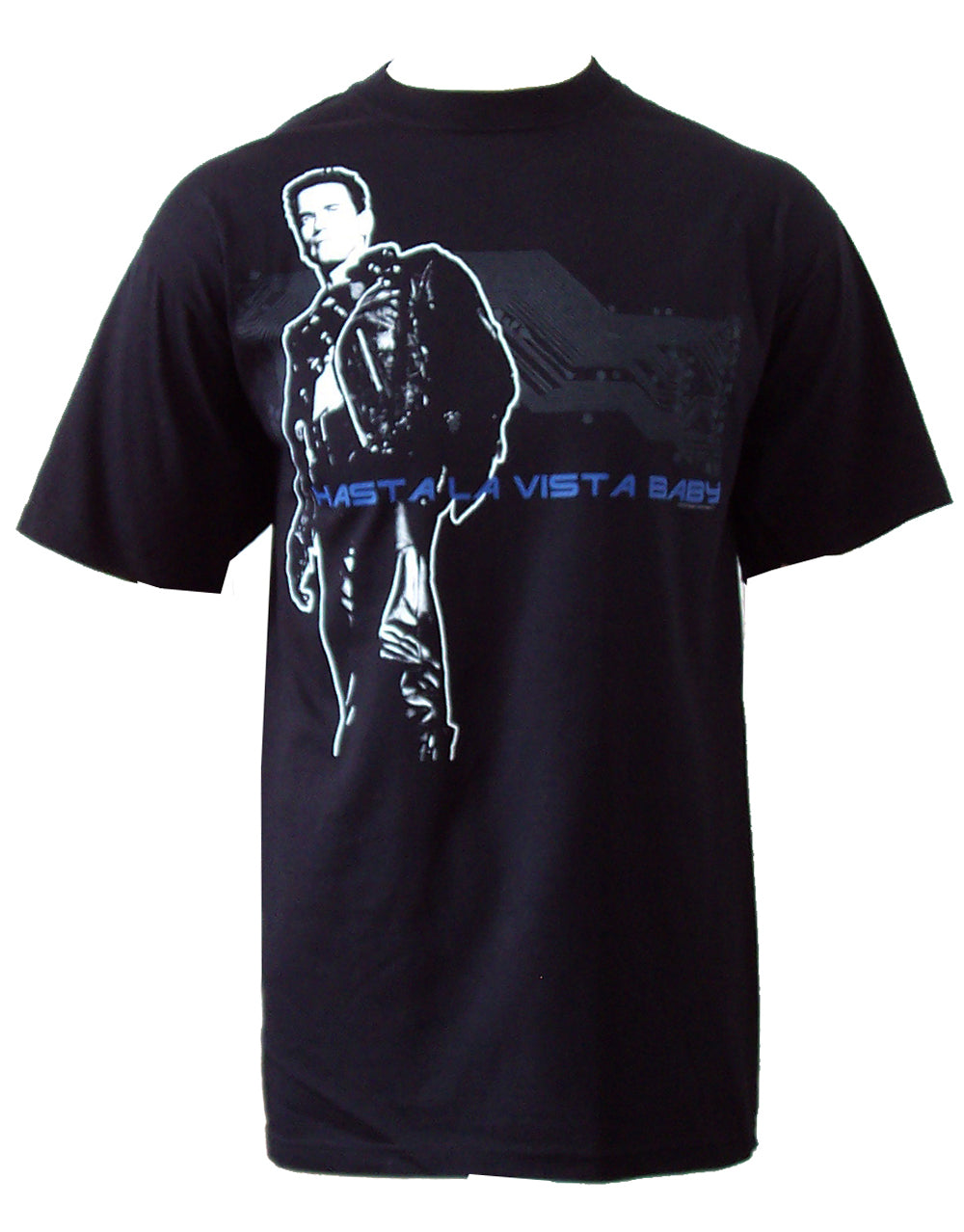 The Terminator T2 hasta la vista baby graphic on a black adult t-shirt.