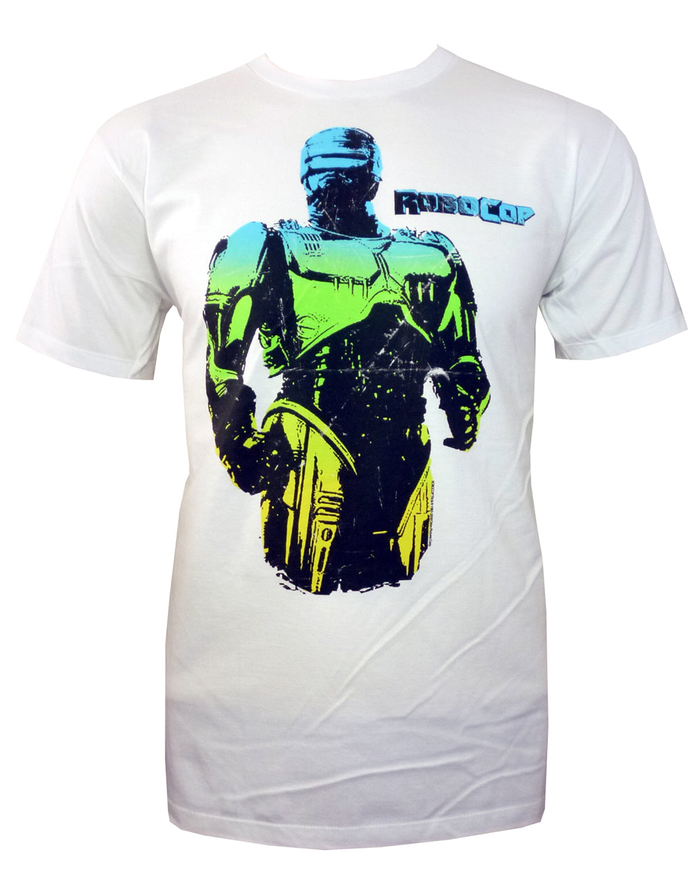 Robocop stance graphic on a white adult t-shirt.