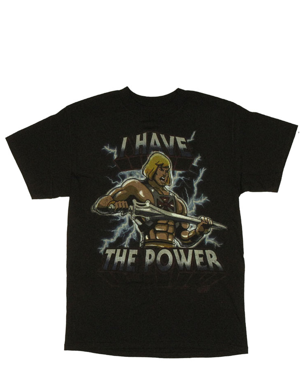 He-Man electric graphic on a black adult t-shirt.