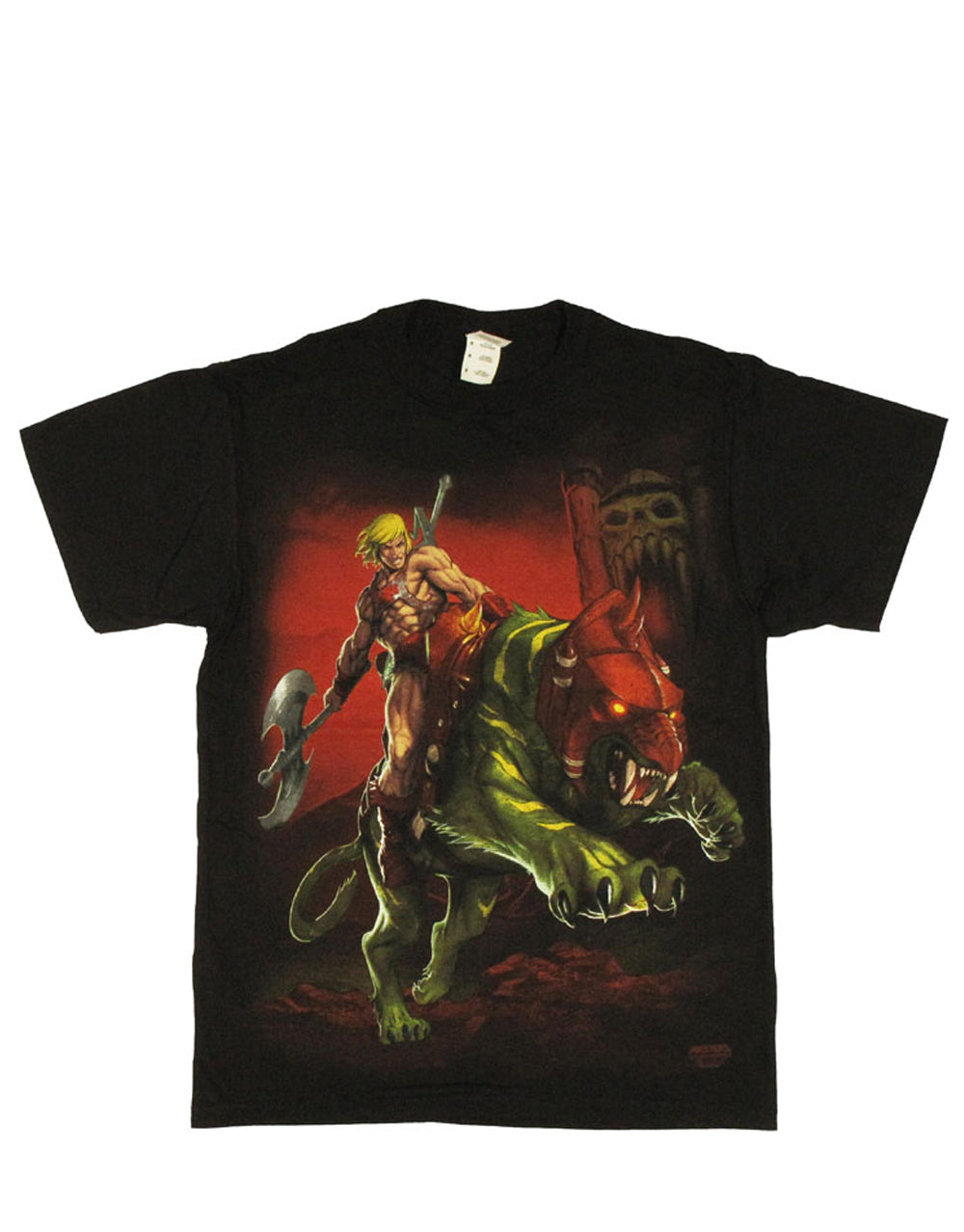 He-Man Battle Cat graphic on a black adult t-shirt.