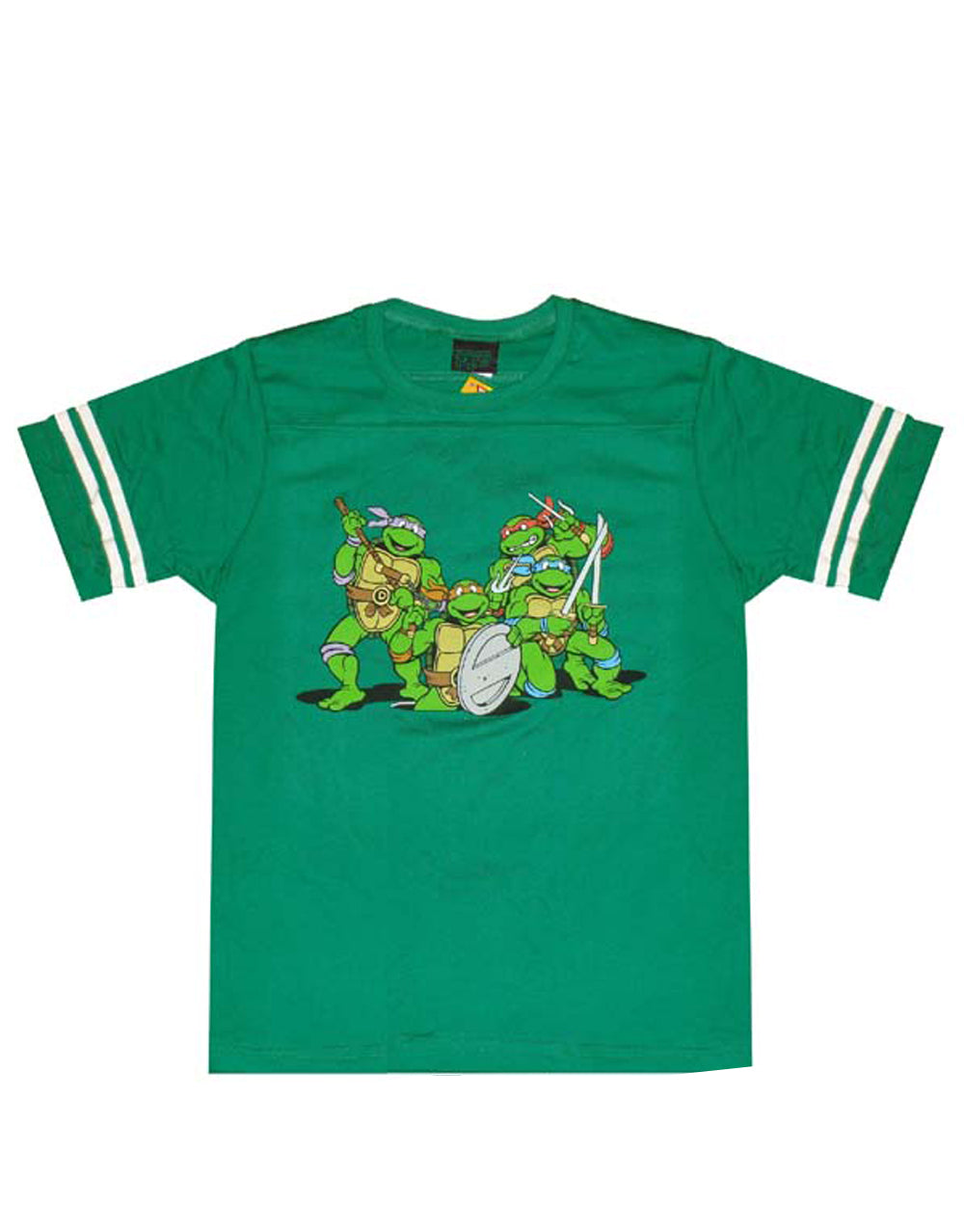 Teenage Mutant Ninja Turtles group graphic on a green adult t-shirt.